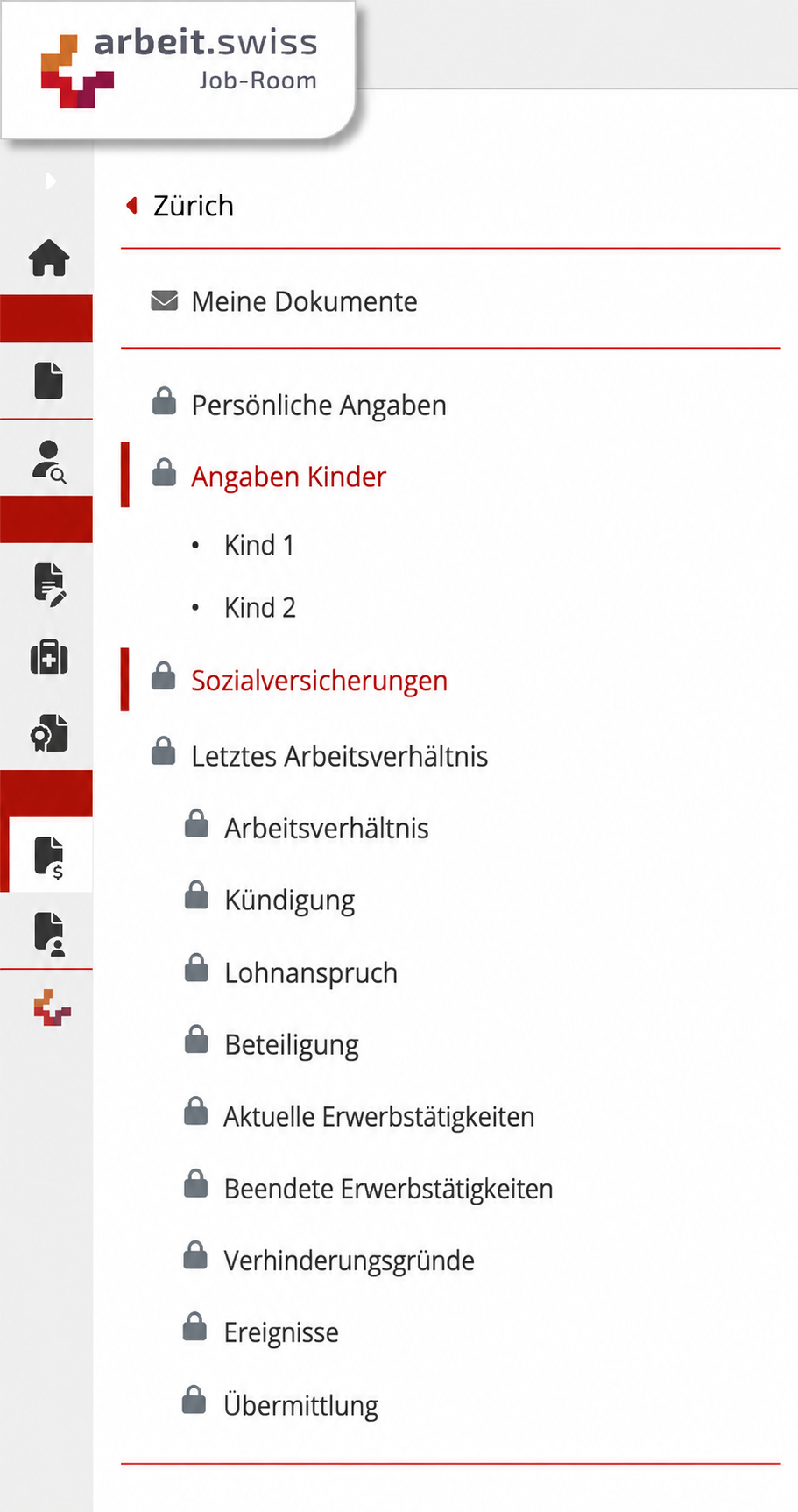 Job-Room: Antrag auf Arbeitslosenentschädigung navigation